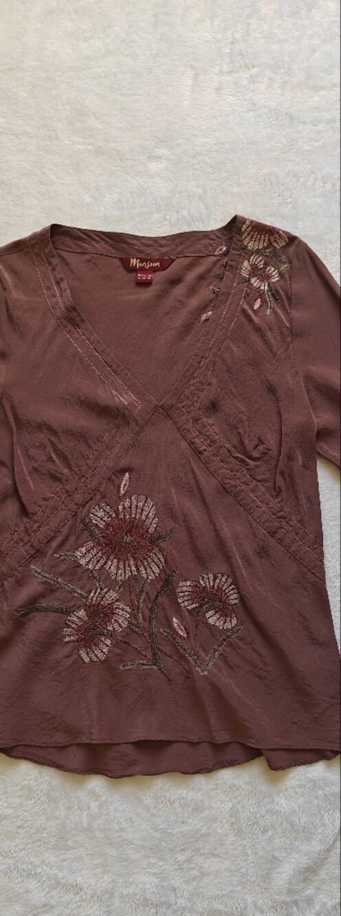 Monsoon Vintage Floral Embroidered Silk 3/4 Sleeve Tunic Blouse Mauve Size 10